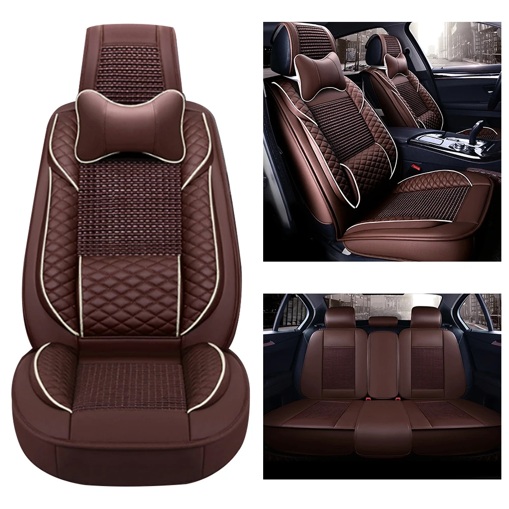 5-seater luxurious coffee colored universal seat covers including standard waterproof headrests and lumbar pillows Ice silk