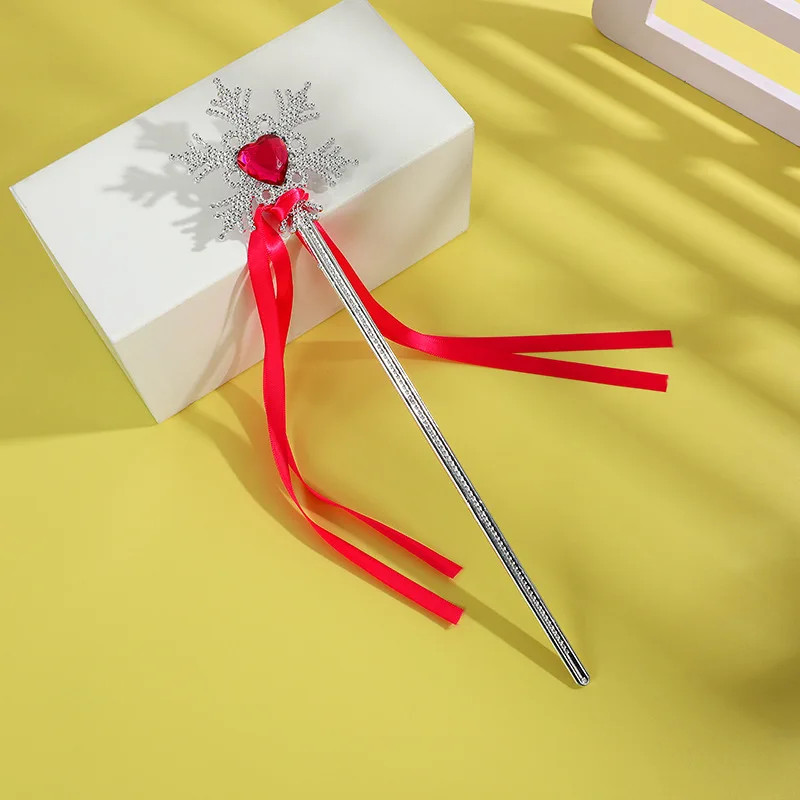 Toddler Girls Snowflake Magic Wand with Long Ribbons Children Blue Heart Stone Fantasy Cosplay Prop Princesss Cosplay Fairy Wand