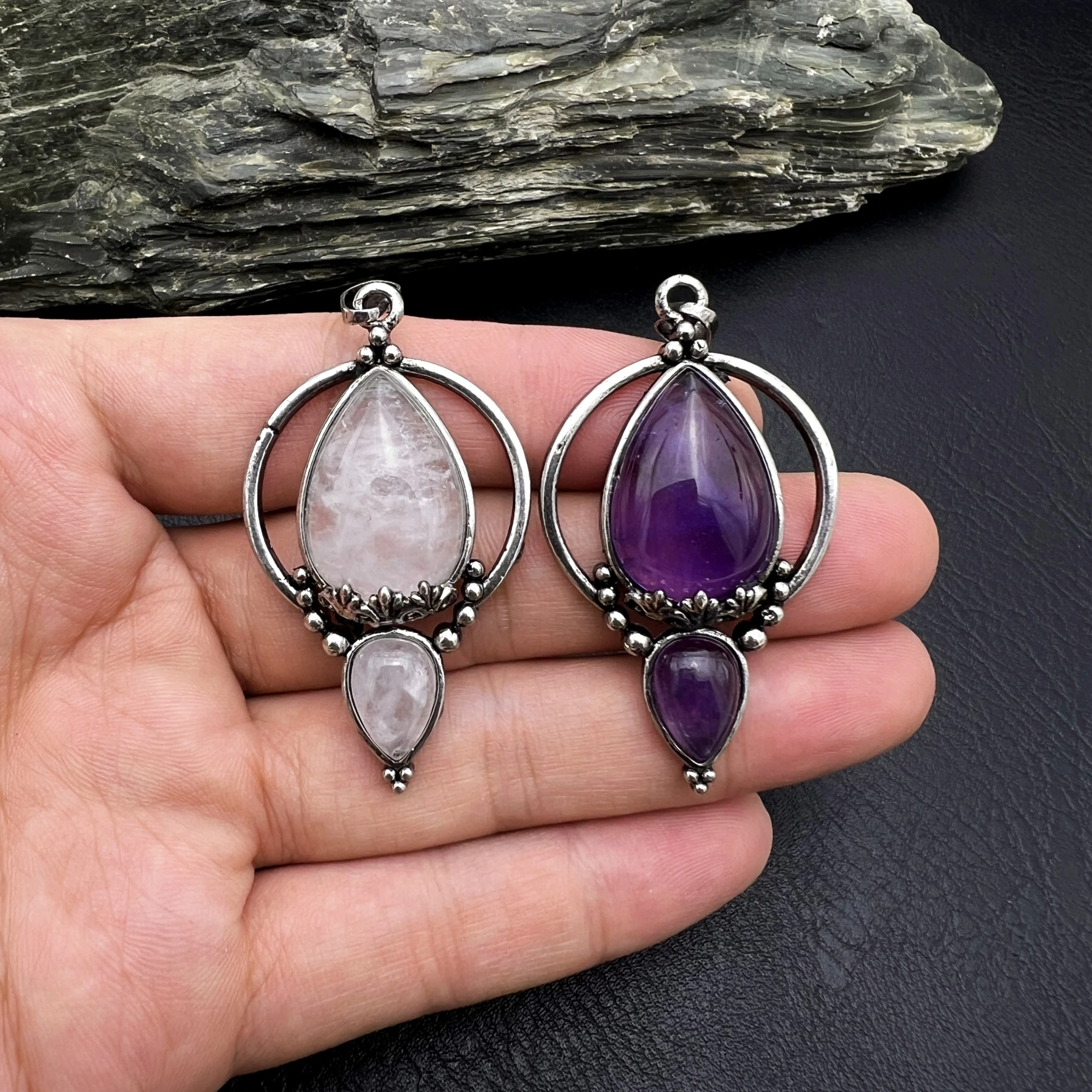 10PCS Natural Stone Rock Crystal Quartz Amethysts Vintage Pendant