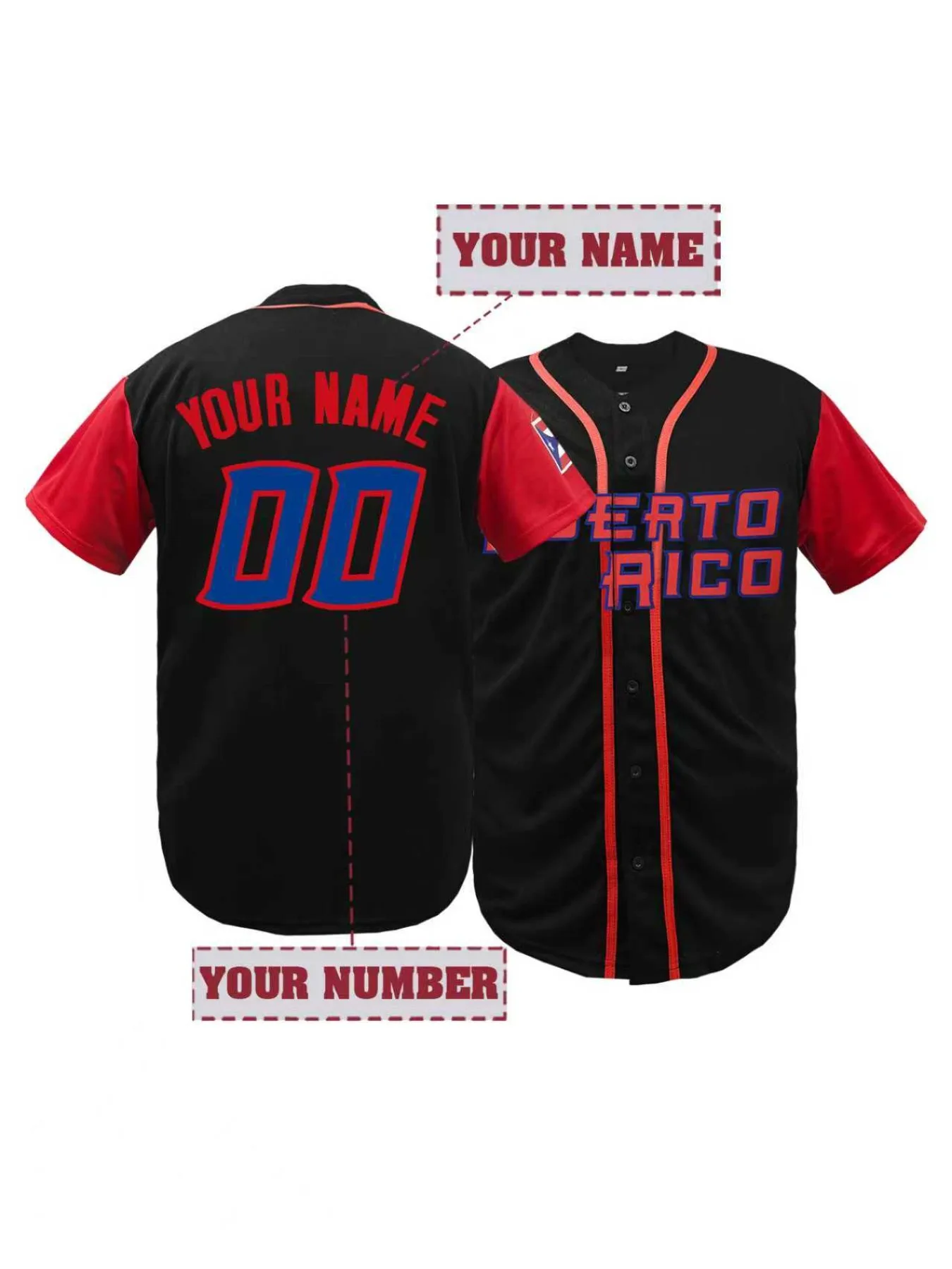 Men's Personalized Name And Number Baseball Jersey, Short-Sleeve Breathable V-Neck Puerto Rico Embroidered DIY Baseball Shirt view 2