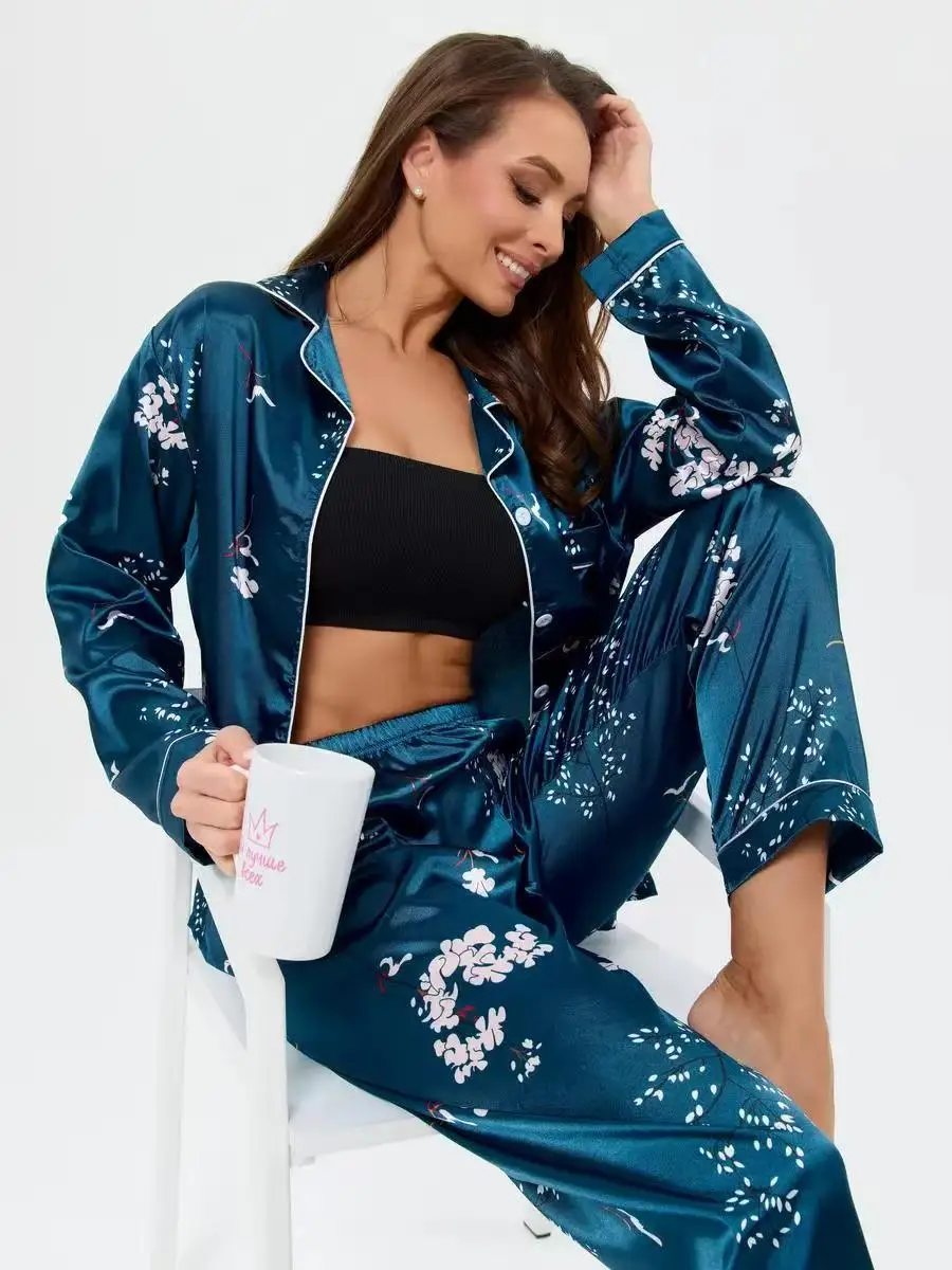 

Women Pajamas New Faux Silk Pajamas Women's Spring Summer Long Sleeve Printed Top with Trousers Pajamas Set Ice Silk Loungewear