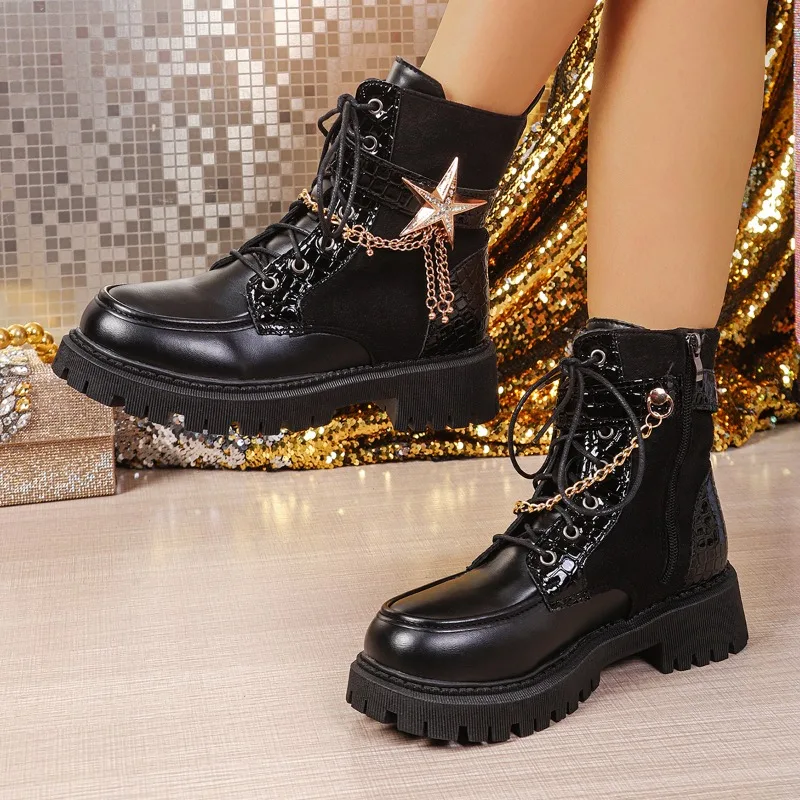 2026 Trend New Punk Style Metal Decor Casual Women's Short Boots Fashion Color Block Thick Sole Lace Design Comfort Women Shoes