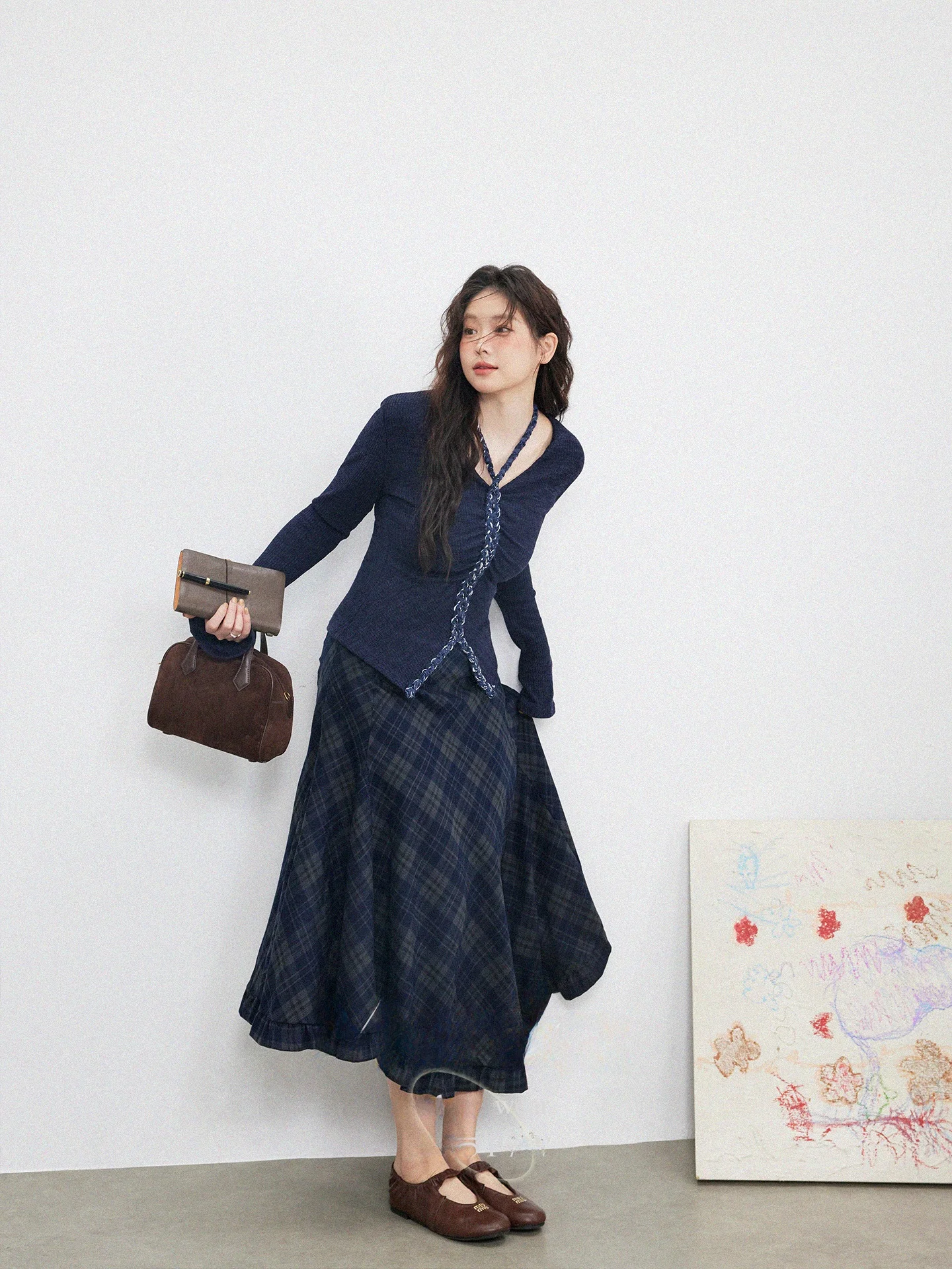 

Женская винтажная юбка миди в клетку больших размеров, в стиле колледж-шик, с деревянными элементами, А-силуэт, корейский свободный крой, зимняя, L