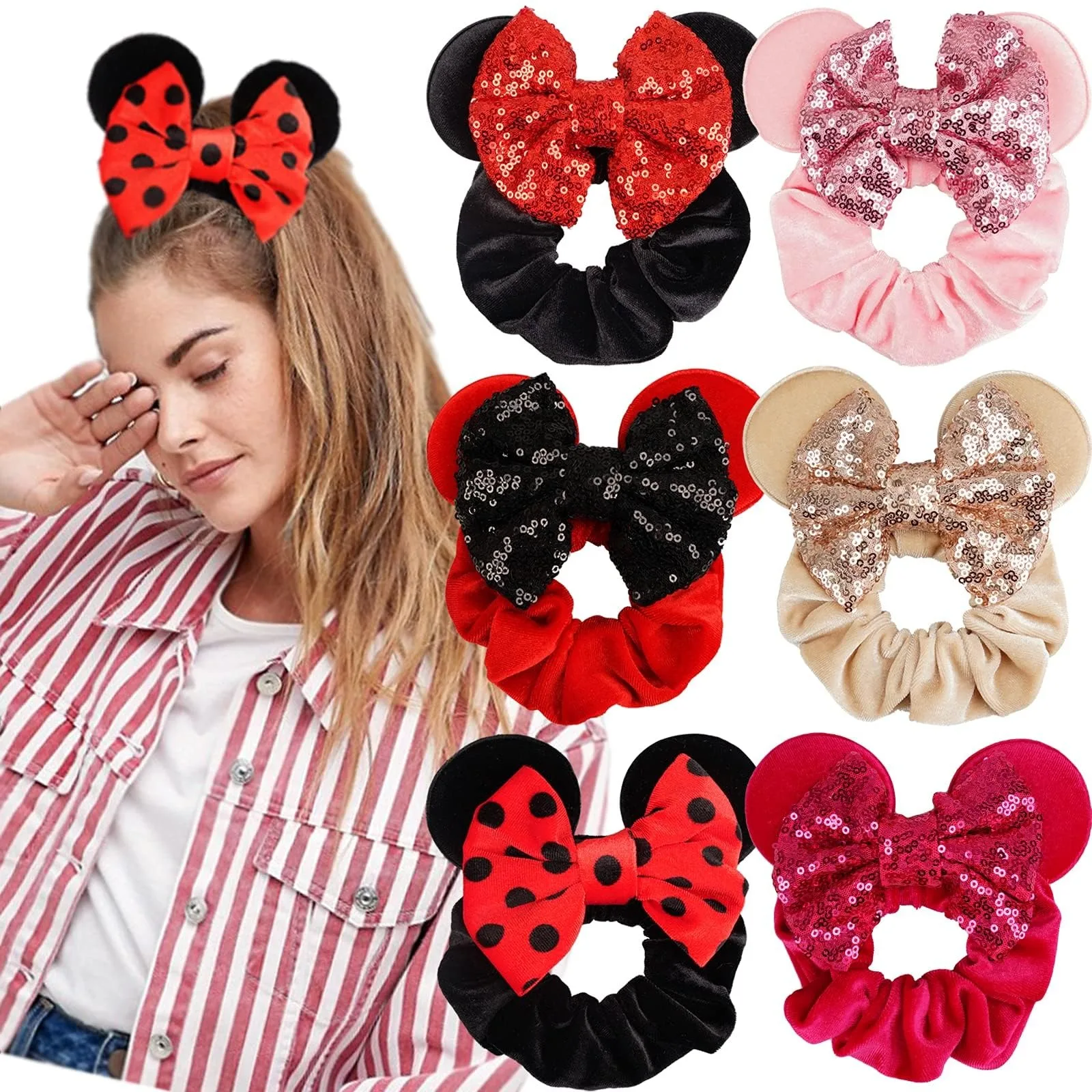 

6pcs/lot Disney Cute Ponytail Hair Strap Round Light up Piece Bow Decoration for Women's Daily Wear Rubber Band Hair Rope Gifts