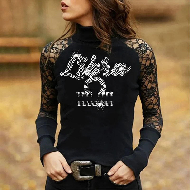 

women's clothing Sexy Solid Tops Rhinestone New Women Lace Stitching High collar Long-sleeved T-shirt Ladies Slim Daily Shirts