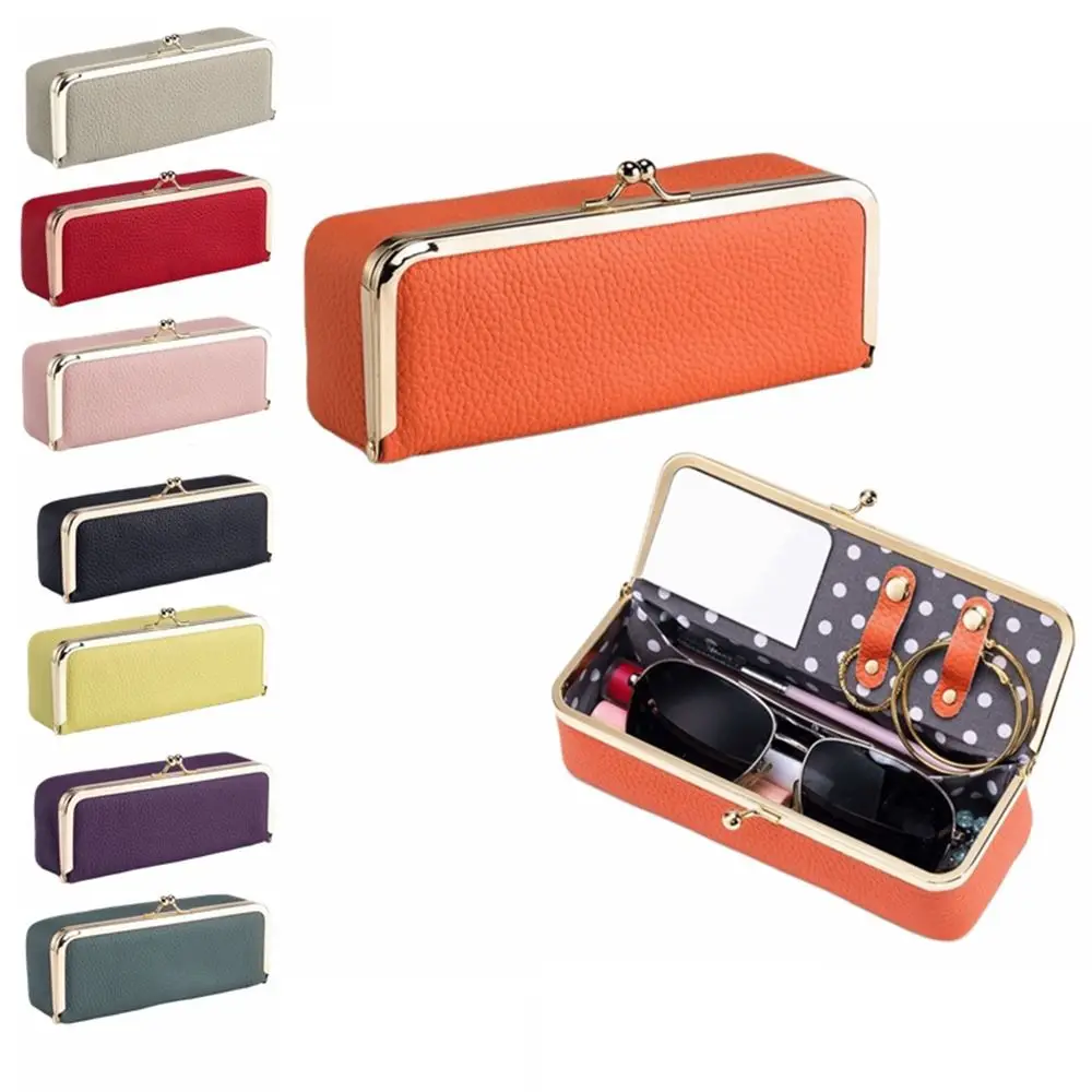 Genuine Leather Cosmetic Storage Pouch Portable Solid Color Jewelry Storage Bag Compact with Mirror Eyewear Organizer