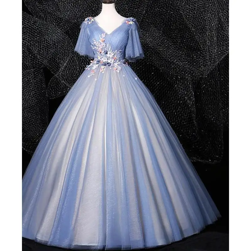 

V-neck Evening Gown With Elegant Temperament Long Embroidered Decal Stage Host Performance Costume Formal Dress Customized