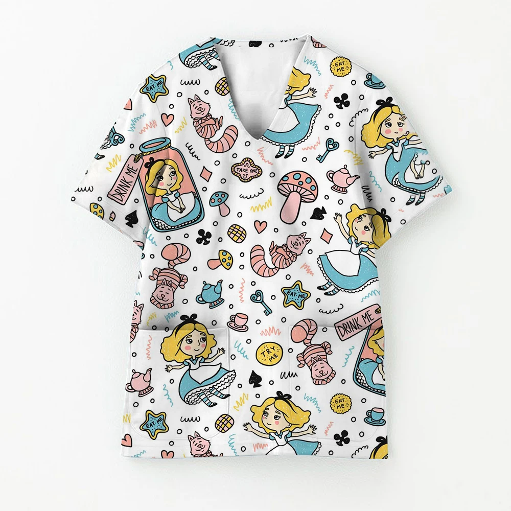 ديزني العلامة التجارية الكرتون طباعة الزي الطبي امرأة الموضة الخامس الرقبة جيب الرعاية الصحية فرك الترفيه طبيب الأسنان موحدة ممرضة امرأة #4