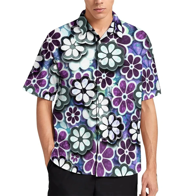 Colorful Flower Graphic Blouses For Men Clothes Bright Floral 3D Print Beach Shirts Vacation Esthetic Y2k Short Sleeve Boy Tops
