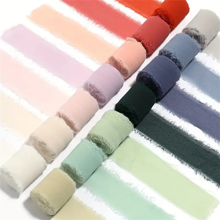 3 Rolls Frayed Edged Satin Handmade Chiffon Silk Ribbon For Wedding Invitation Bouquets Birthday Party DIY Decoration Gift 15m