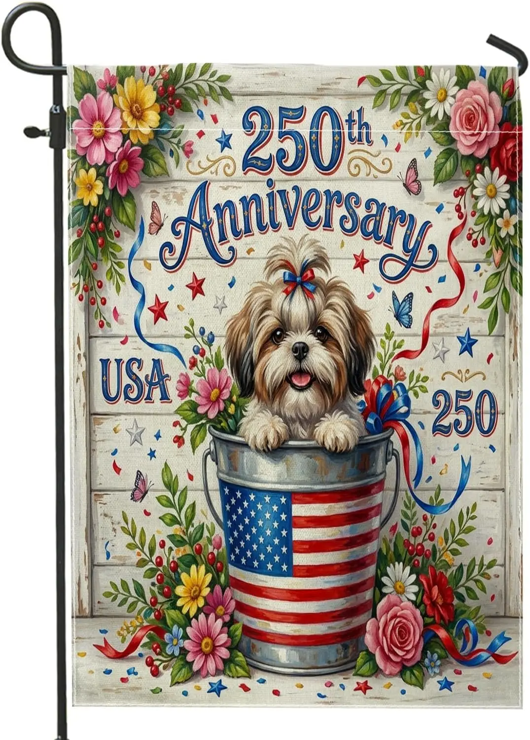 250 Years Shih Tzu Dog Garden Flags 12x18 Inch for Outside, 4th of July Wood Pattern Standard Linen House Flags, American Fr AAS