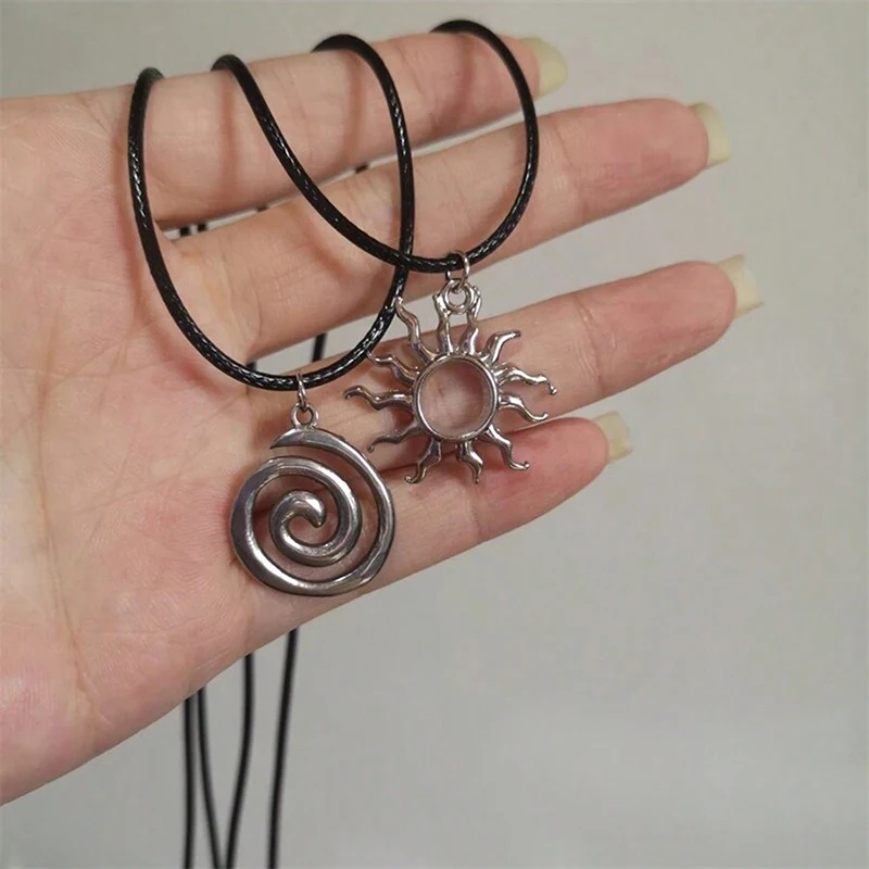 Hip Hop Burning Sun Pendant Leather Rope Necklace Vintage Whirlpool Geometric Necklaces For Men Boys