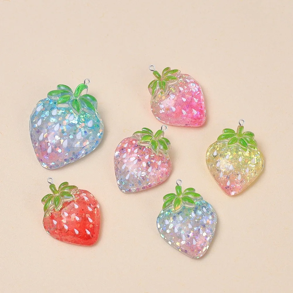 10Pcs Glitter Big Small Strawberry Flat Back Resin Pendants For DIY Jewelry Making Earrings Necklaces Keychain Making Materials