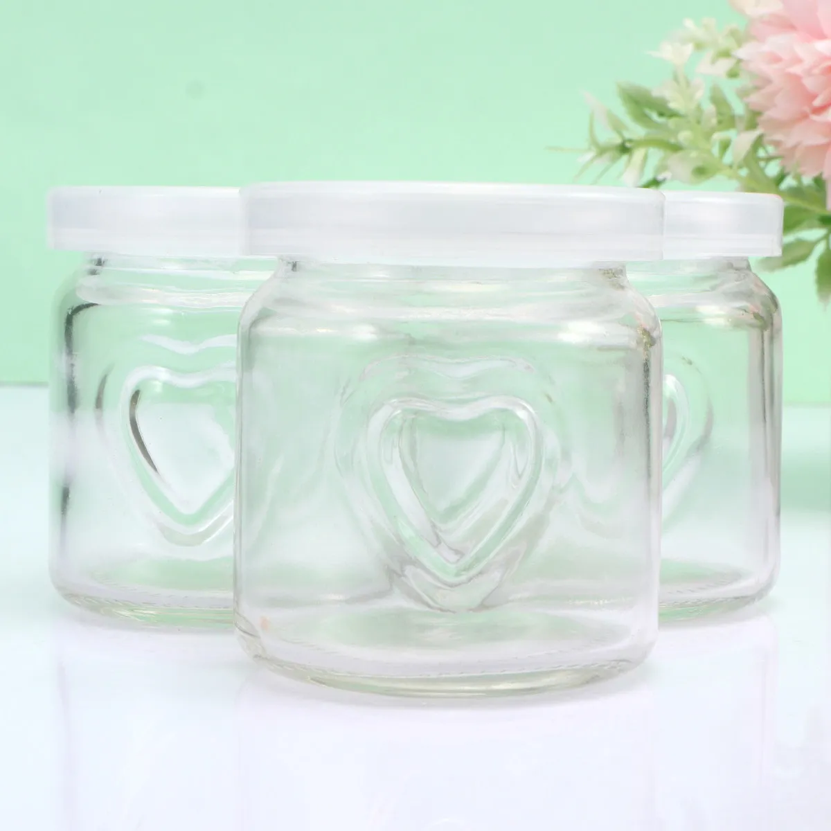 

10Sets 100Ml Pudding Cups Glass Yogurt Jars with Lids Cute Double Hearts Design Heat Resistant Dessert Containers for Snacks