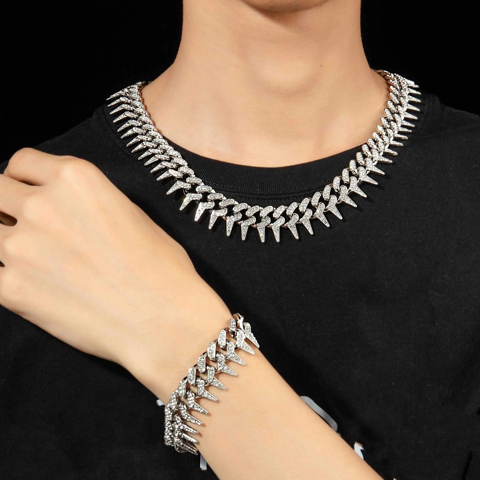 2Pcs Iced Out Spiked Cuban Link Chain Set 18mm Micro Pave 5A CZ Hip Hop Necklace Bracelet For Men Women Rapper Punk Jewelry