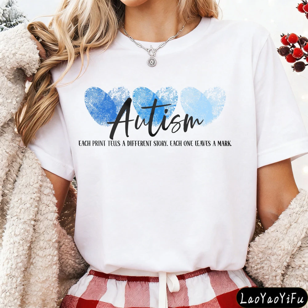 Autism Awareness Heart Fingerprint Women T-Shirt Cotton Short Sleeve Casual Fashion Summer Top Gift for Autism T Shirt