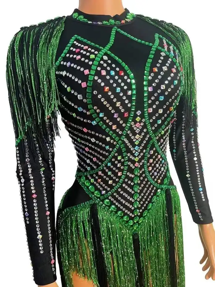 Traje de club nocturno, ropa de escenario, leotardo con borlas y diamantes de imitación brillantes, traje de baile Sexy con flecos negros y verdes