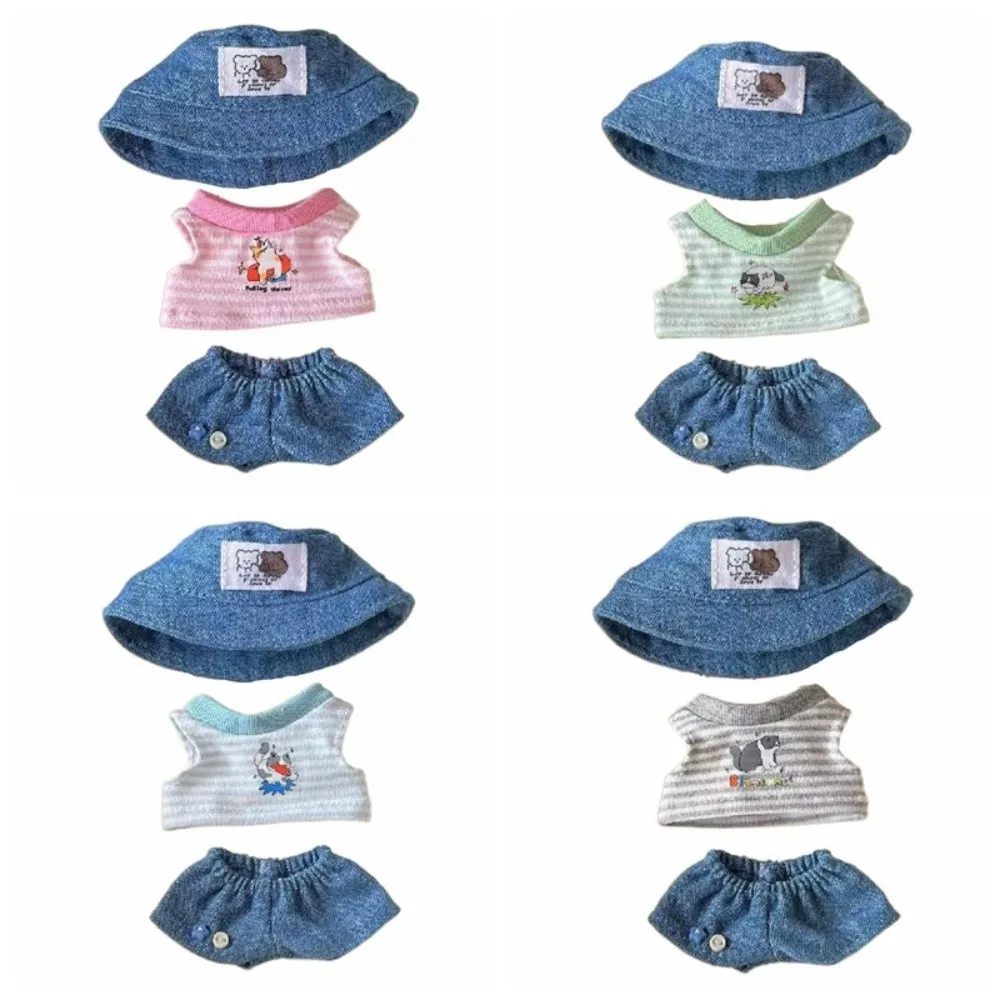 1 Juego de camiseta a rayas, ropa de muñeca de algodón de 10/20cm, conjunto de verano, sombrero de vaquero, ropa de muñeca de algodón de 20cm, Mini patrón de dibujos animados