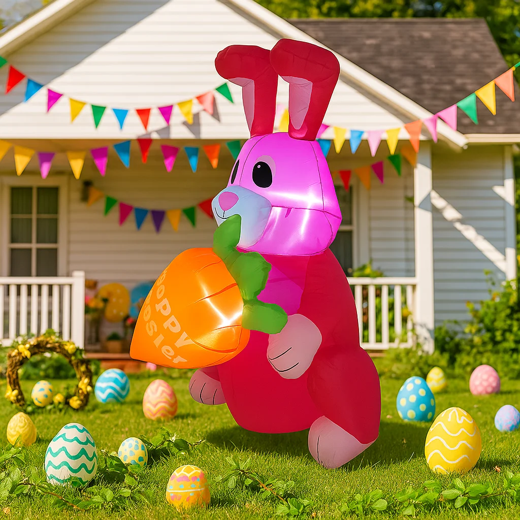 4FT Happy Easter Inflatable Toys Pink Bunny Decor Built-in LED Lights Yard Garden Props Ornaments Decorations Easter Inflatable