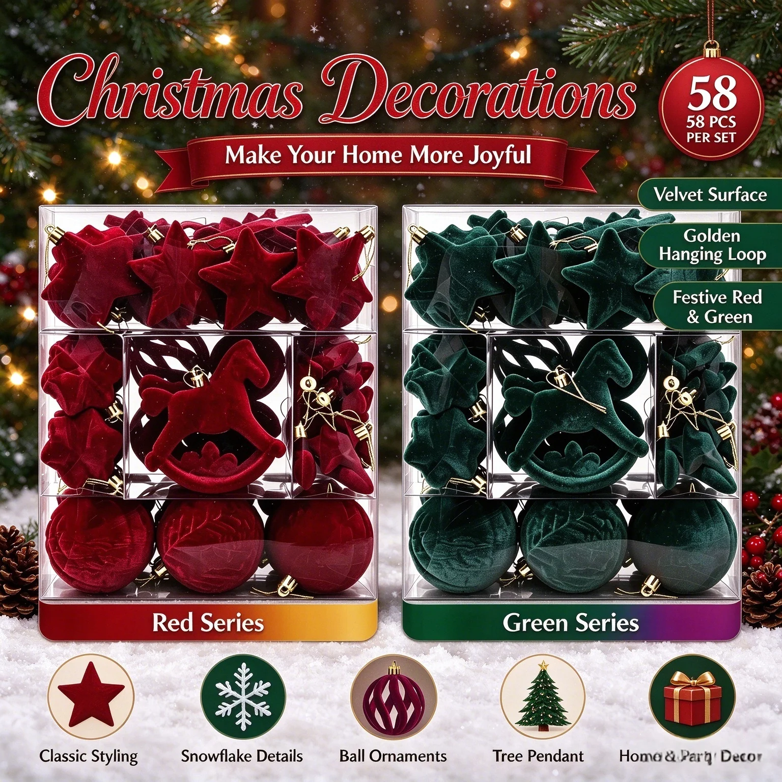 58PCS Burgundy/Dark Green Flocked Christmas Ball Set Openwork Christmas Balls Bows Rocking Horse Xmas Ornaments Decor