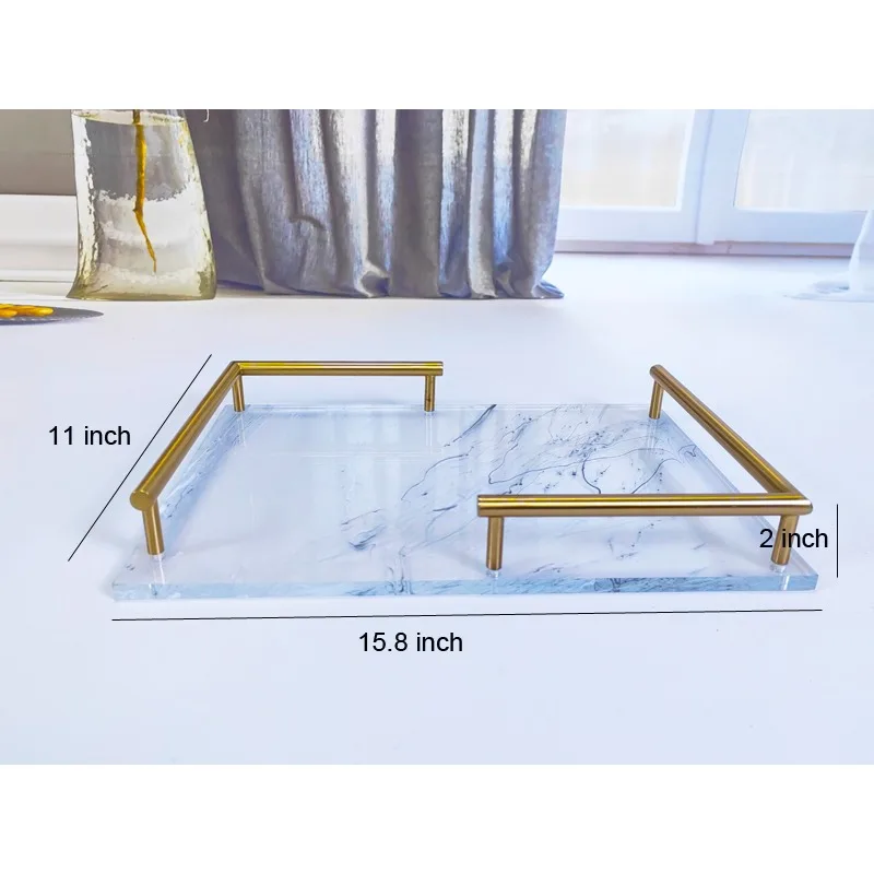 Modern luxury acrylic food tray 6mm thickness, custom color, gold handle, custom logo, custom packaging, home restaurant