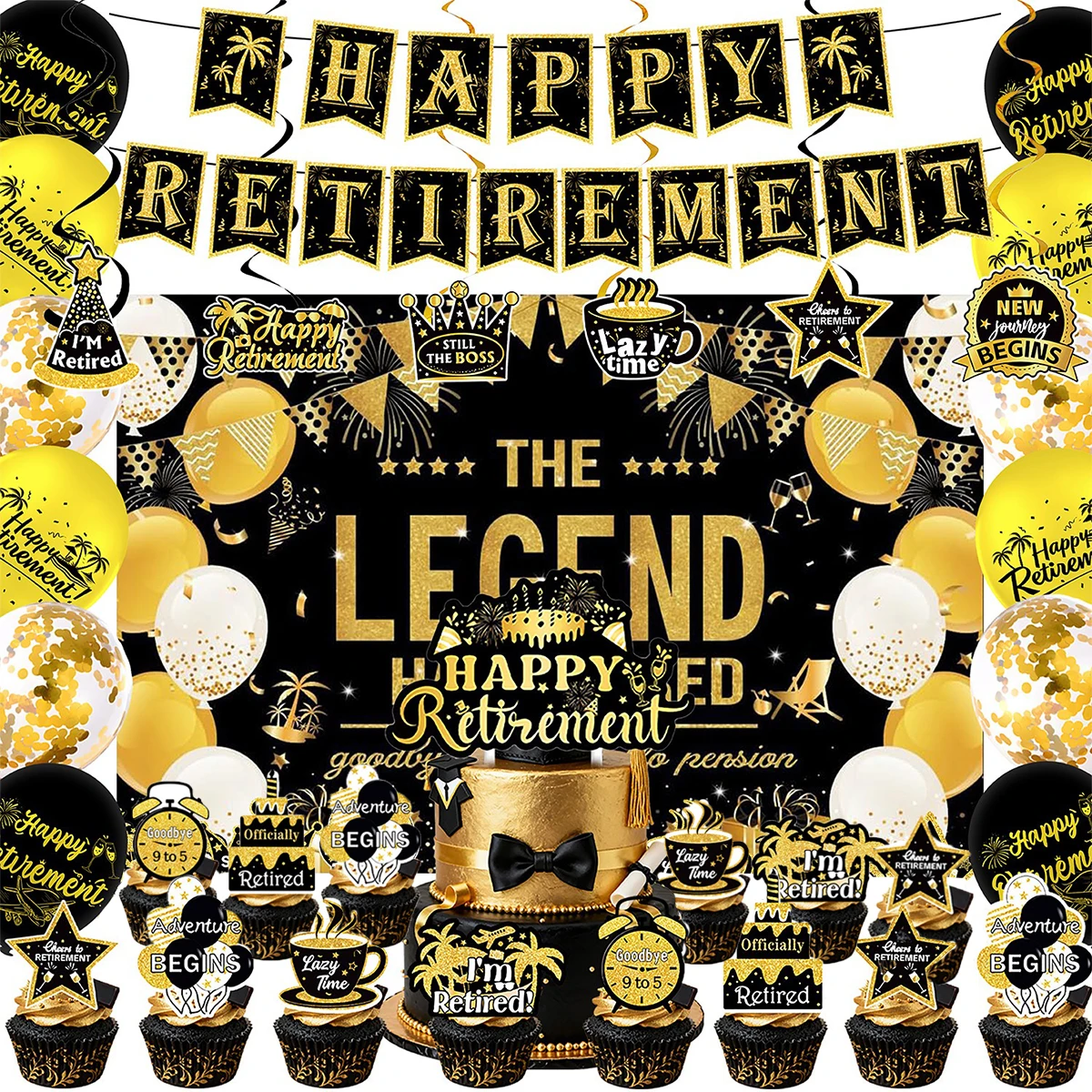 Retirement Decorations for Men and Women Retirement Party,Black Gold 'Happy Retirement' Decorations Set
