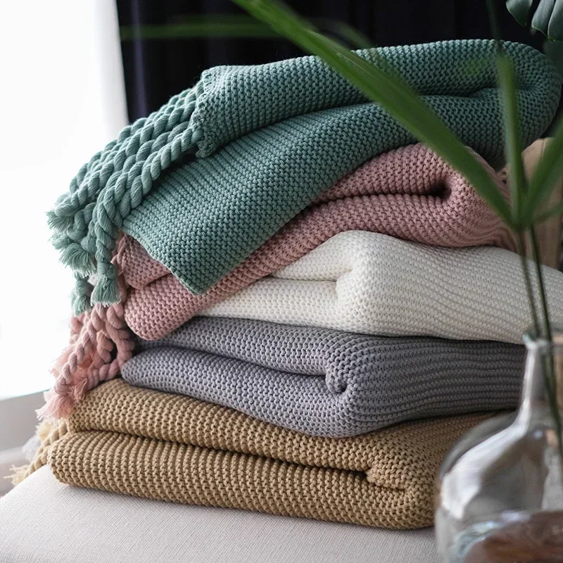 Autumn Nordic Throw Blanket Solid Color Knitted Blanket Bedspread Sofa Decoration Cover Winter Warm Thicken Bed End Towel Large