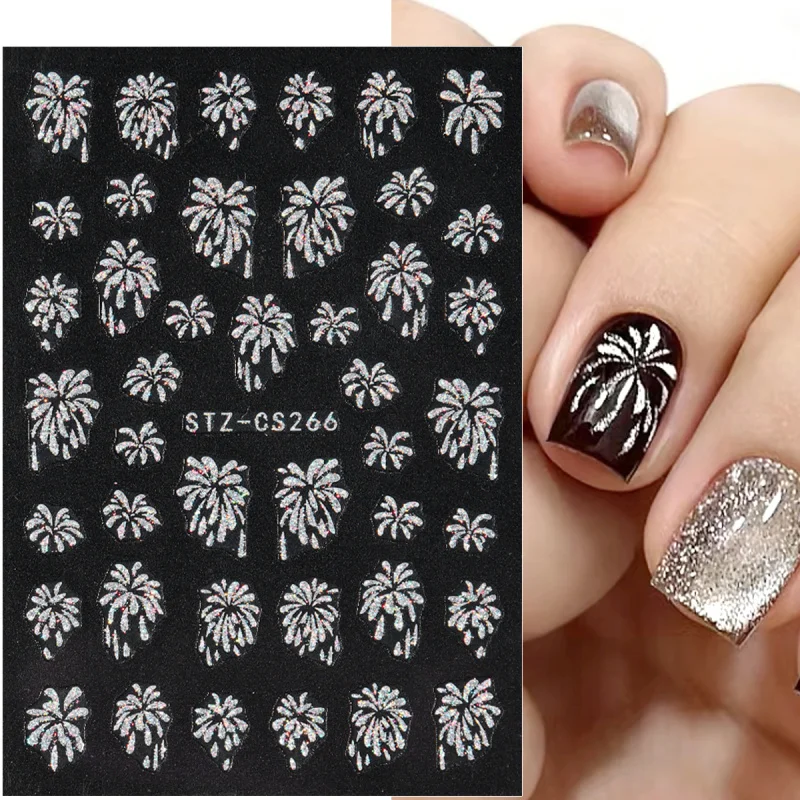 2pcs 3D Glitter Firework Nail Stickers Self Adhesive Sparkling Blooming Firework Design Nail Art Decals New Year Manicure Decor