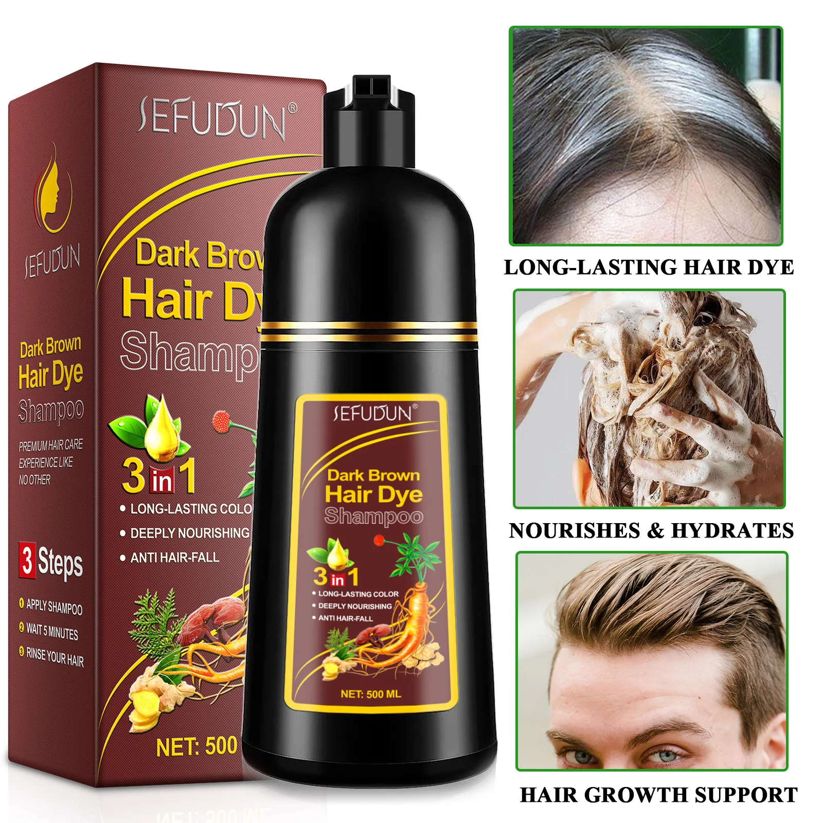 염색약 3 in 1 Hair Color Shampoo Natural Herbal Hair Dye Shampoo for Gary Hair Dark Brown Black for Women  Men Grey Coverage 500ML