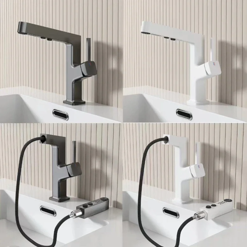 

Bathroom Pull Out Faucet Zinc Alloy Basin Mixer Sink Faucet Single Holder Washbasin Tap With Hot Cold Hose