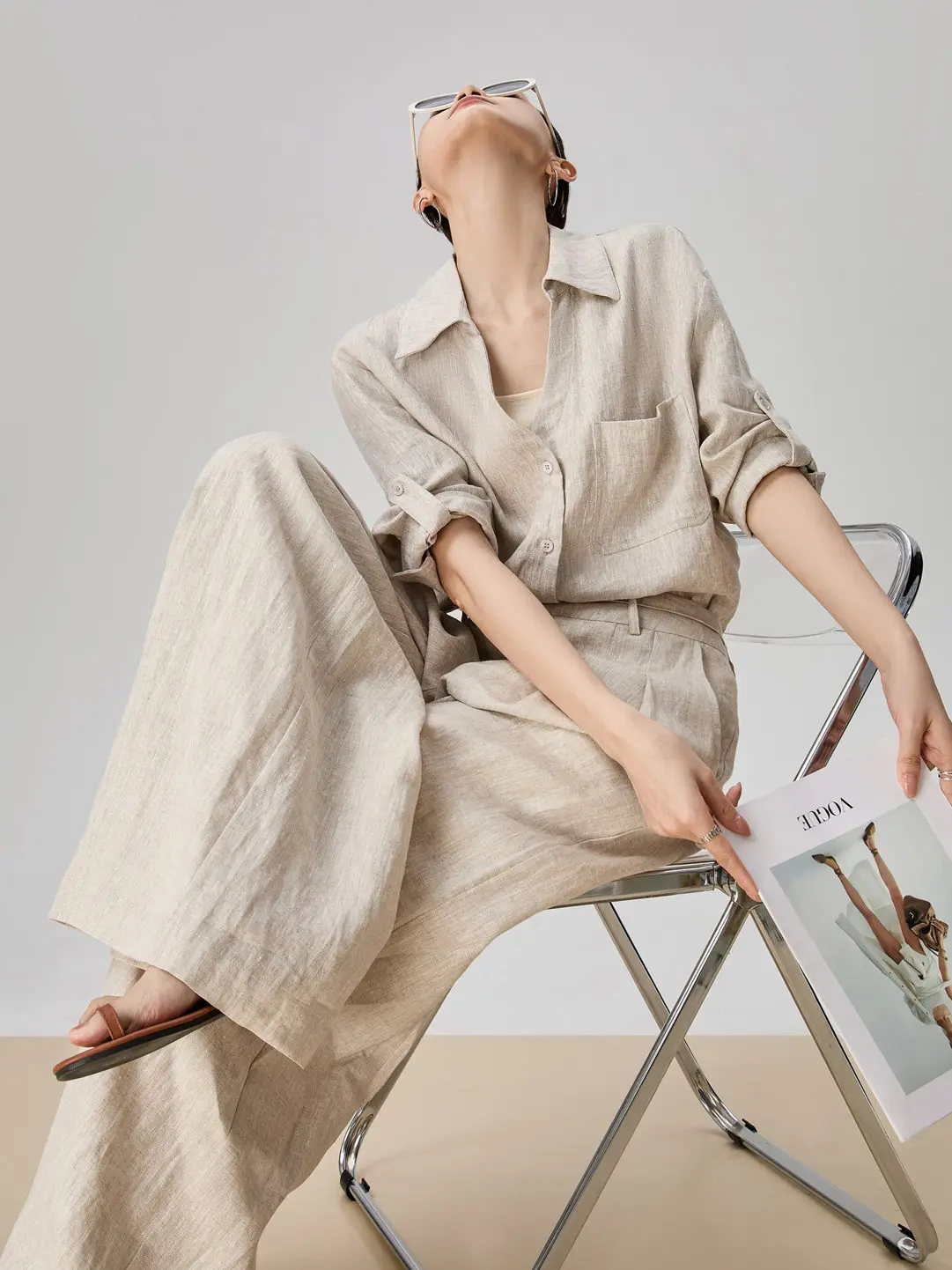 

Elegant Shirt Wide Leg Pants Set Women's Stylish Summer Outfit High Waist Long Sleeve Button up Commute Style Fashionable Ens...