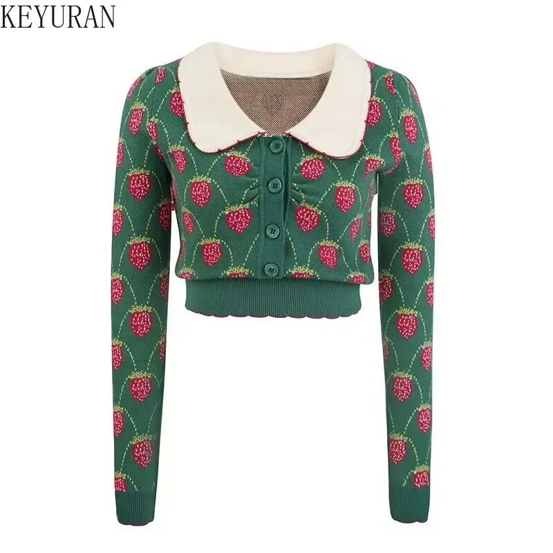 Green Strawberry Jacquard Pullover Sweater Women Knitted Crop Tops Autumn Contrast Peter Pan Collar Long Sleeve Knitwear Jumper