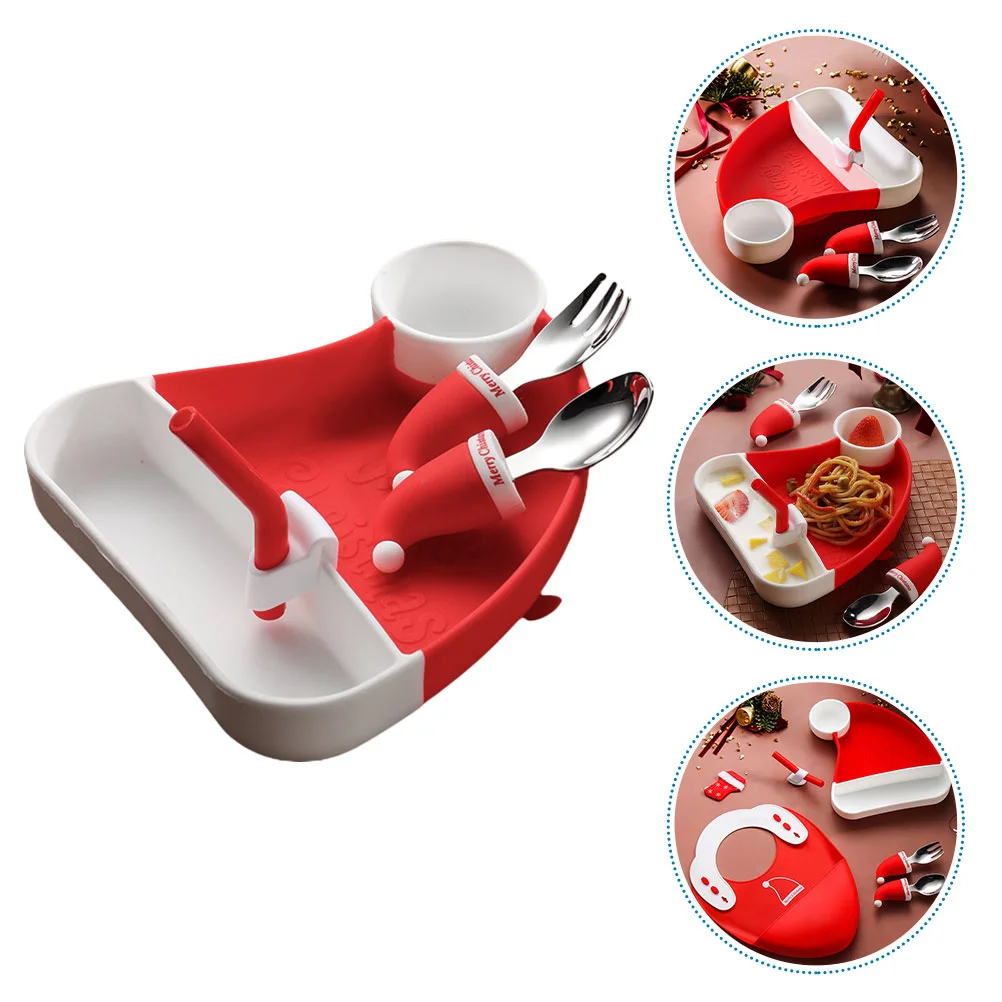 

Grid Plate Adorable Christmas Hat Divided Baby with Spoon and Fork Compartments Kids Plates Silica Gel Toddler Dishes Set