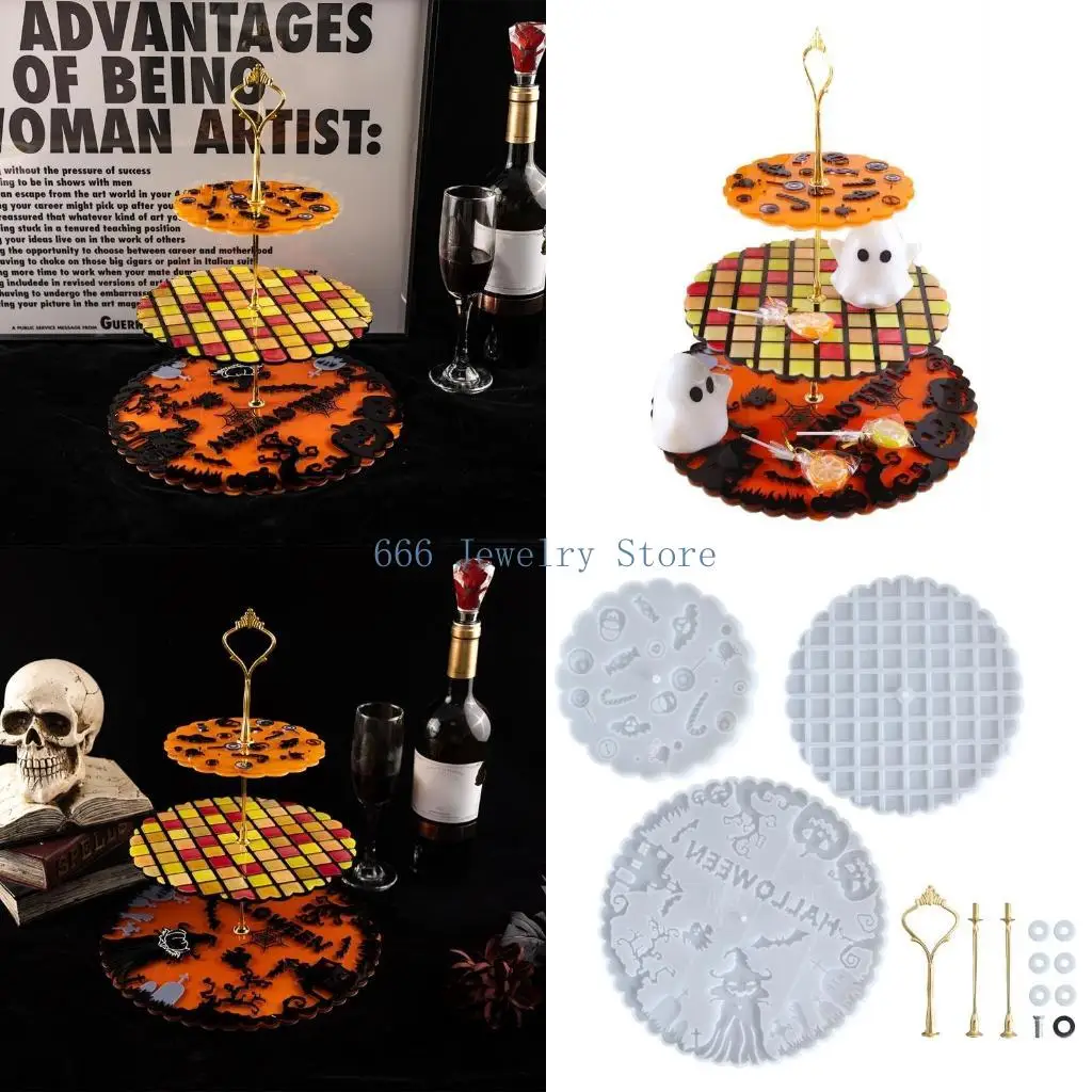 F2TD Silicone Jewelry Tray Epoxy Resin Casting Mold Halloween Teapot Mat Tray Mold Round Jewelry Making Mold Home Decoration