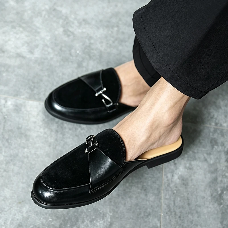 Big Size 46 Mules Men's Half Slippers Leather Slip On Shoes Luxury Male Flats Backless Casual Shoes Moccasins Open-back Loafers
