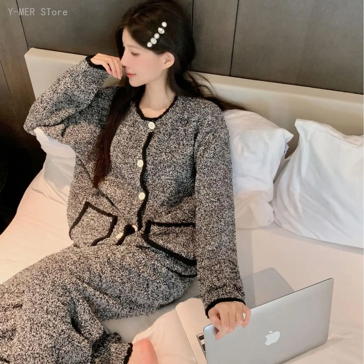 Women Winter Elegant Half Sided Fleece Open Front Pajama Set Thick Warm Soft Casual Cozy Loungewear Home Sleepwear Suit