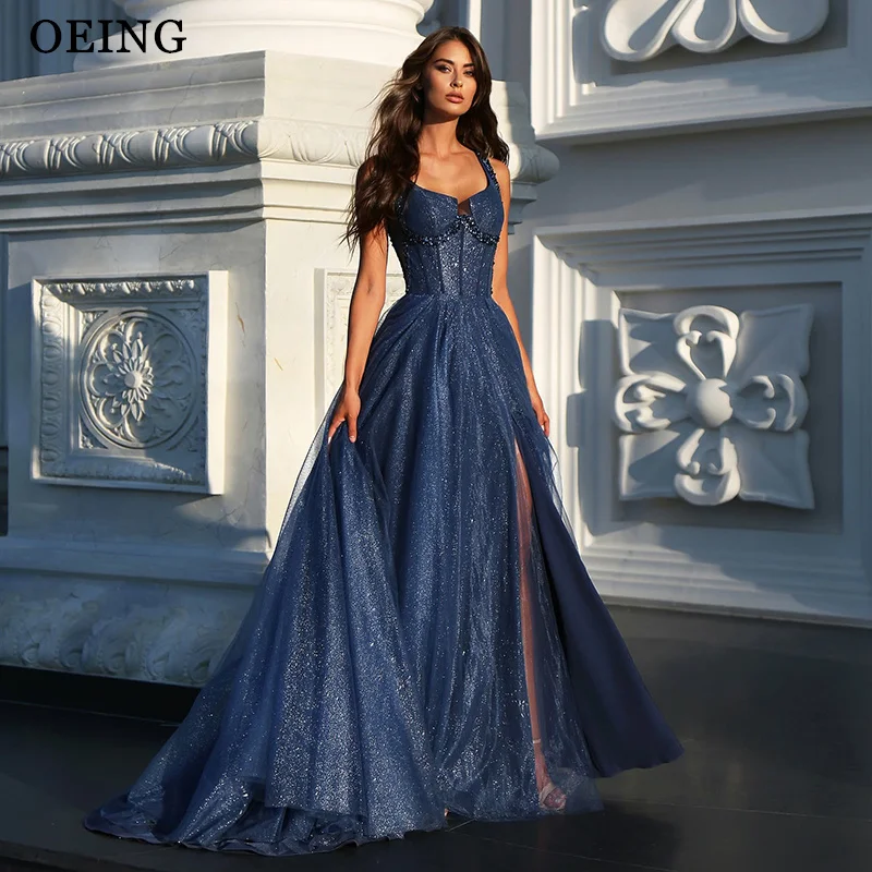 

OEING Sparkly A-Line Prom Dress Navy Blue Draped Side Slit Sequined Party Gowns Floor-Length Evening Dress Gala Customized