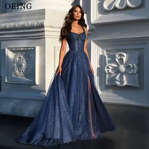 OEING Sparkly A-Line Prom Dress Navy Blue Draped Side Slit Sequined Party Gowns Floor-Length Evening Dress Gala Customized