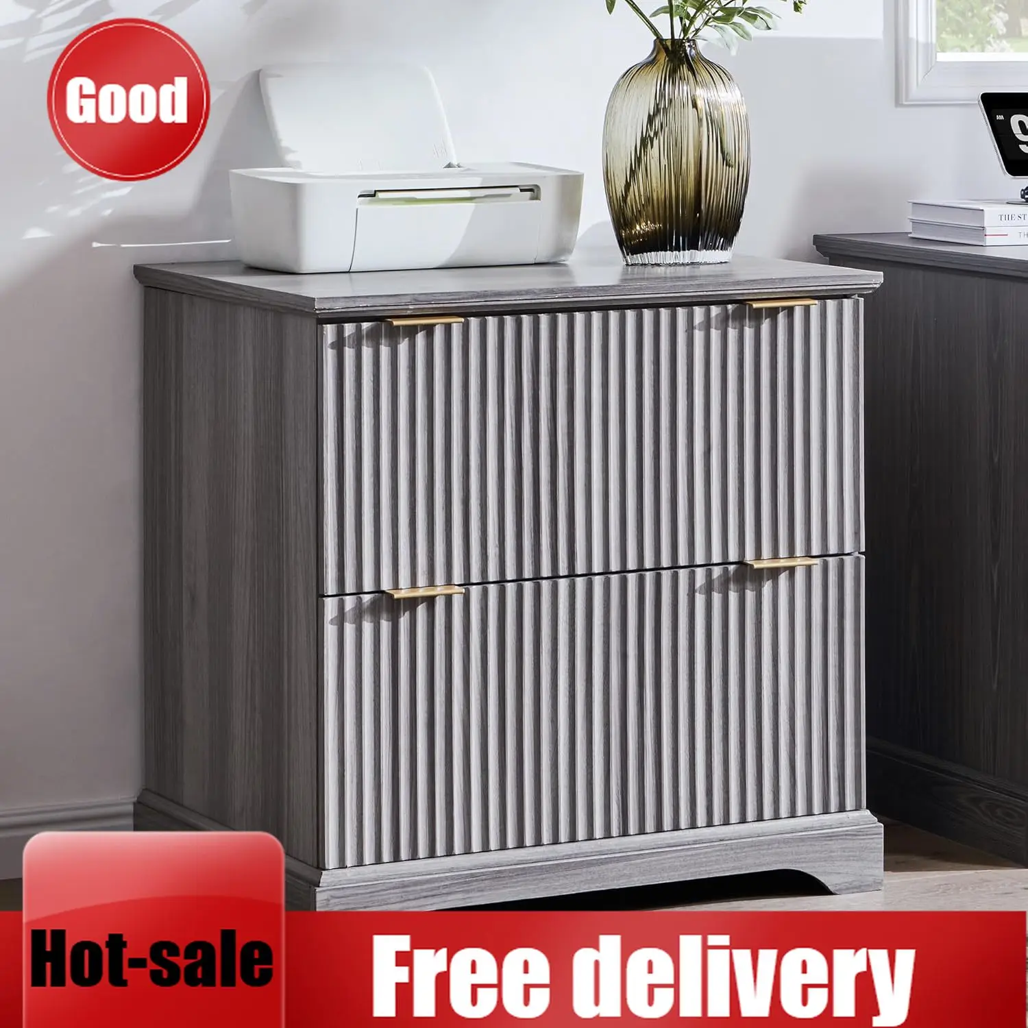 

Fast Delivery & Hot Selling2 Drawer File Cabinet with Charging Station, 30" Fluted Lateral File Cabinet w/Files Hanging Rod for