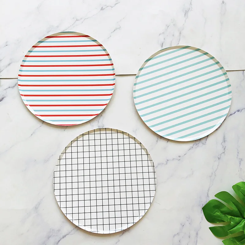 8pcs/lot Flat-bottomed Striped Lattice Pizza Plate Shaped Moon Hexagonal Picnic Disposable Birthday Party Tableware Cake Plates