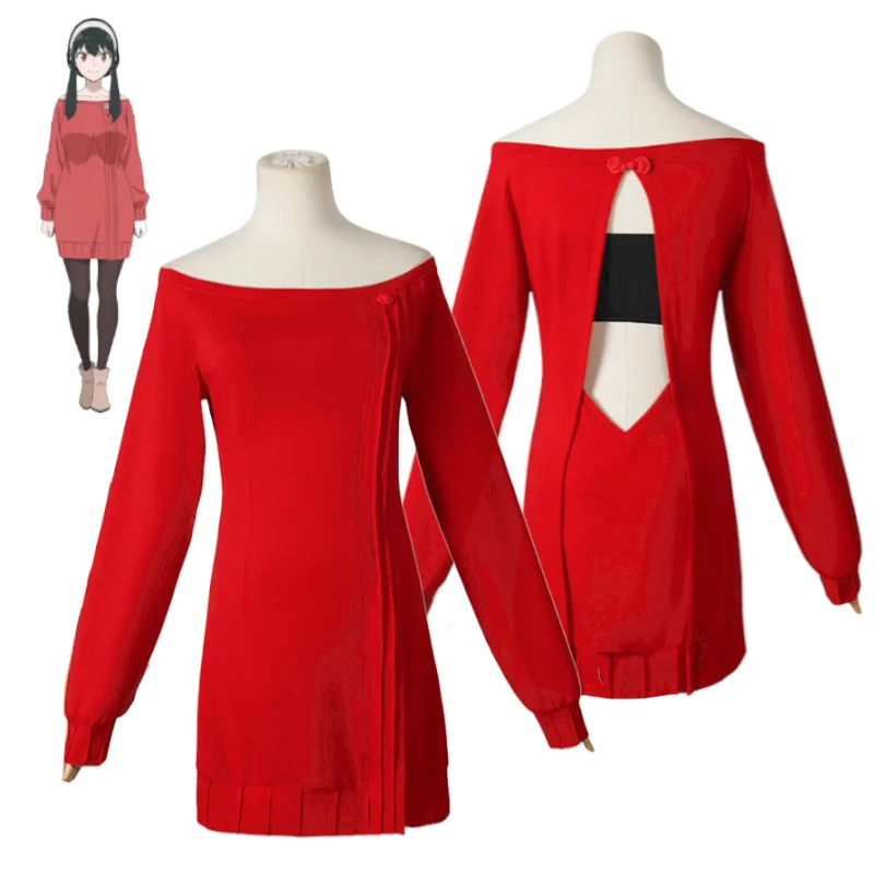 

SPY×FAMILY Yor Forger Cosplay Costume Thorn Princess Red Sweater Dress Backless Knitted Outfits for Women Halloween Role Play