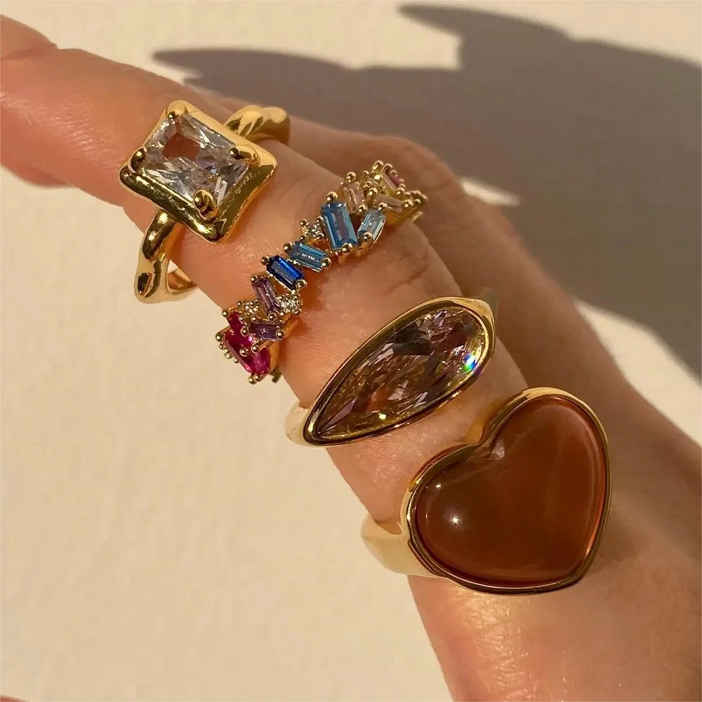 Moda ze stali nierdzewnej Chunky Jelly Color Heart Gemstone Ring Szeroki pierścionek dla kobiet Metal Vintage Modna stylowa biżuteria na palce