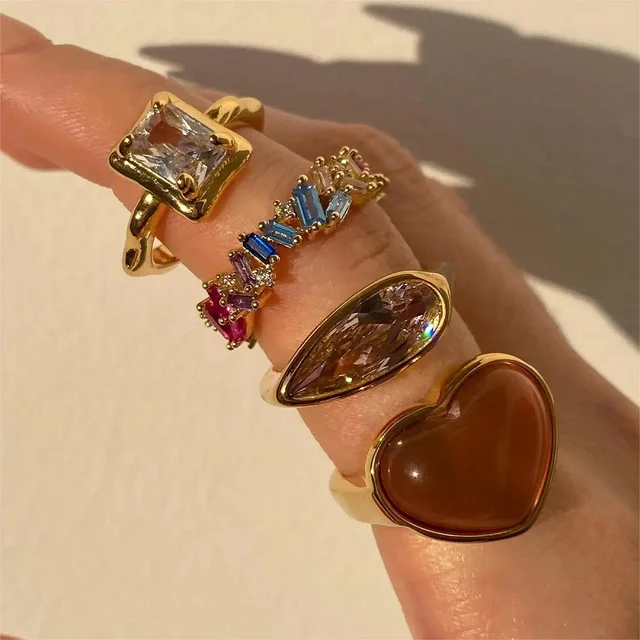 Moda ze stali nierdzewnej Chunky Jelly Color Heart Gemstone Ring Szeroki pierścionek dla kobiet Metal Vintage Modna stylowa biżuteria na palce