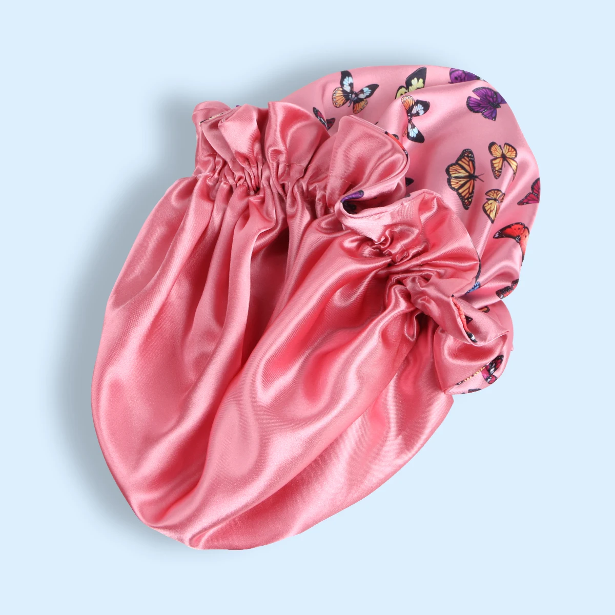 Rosa Schmetterling, doppellagig, verstellbar, Satin-Mütze, Haarschutz, Jungfrau-Schlafmütze für Frauen und Mädchen – Detail 4