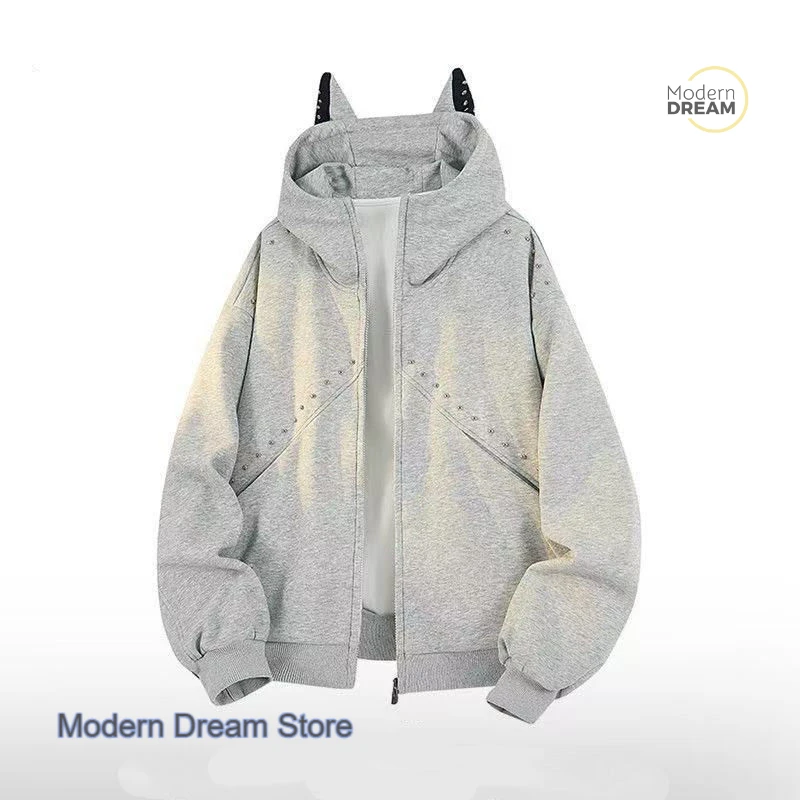 

American advanced design sense ear hooded sweater coat women's autumn and winter new fashion dopamine rivet stitching top.