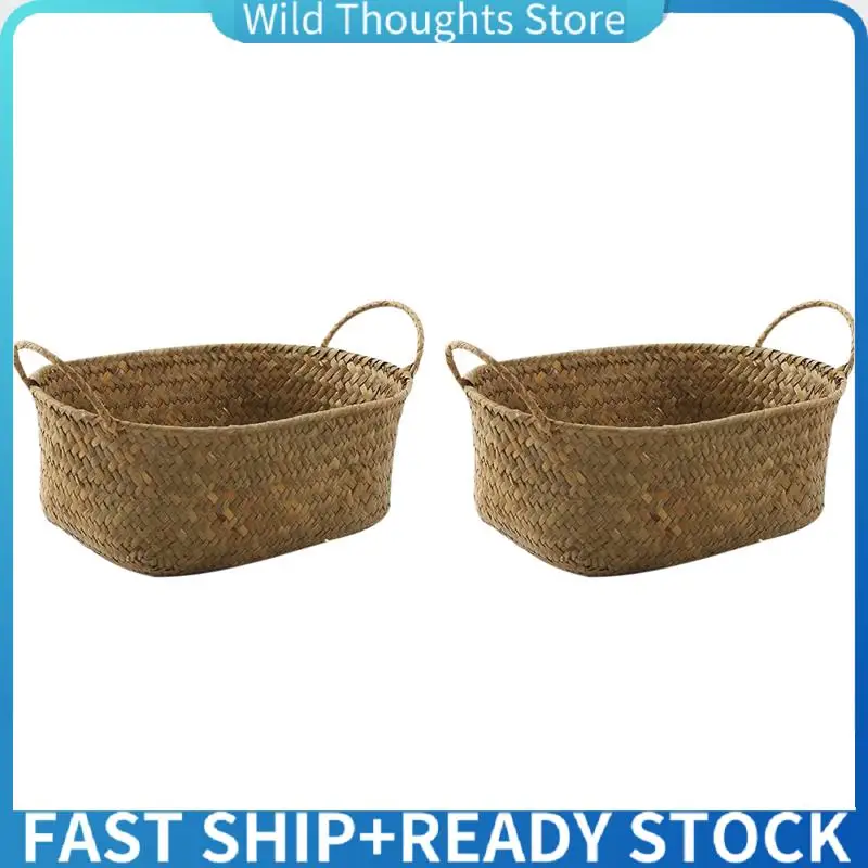 

2X Handmade Woven Storage Basket Straw Food Container Makeup Organizer Rattan Breadfruit Case Holder(M,27X17x11cm)-[Qahk]