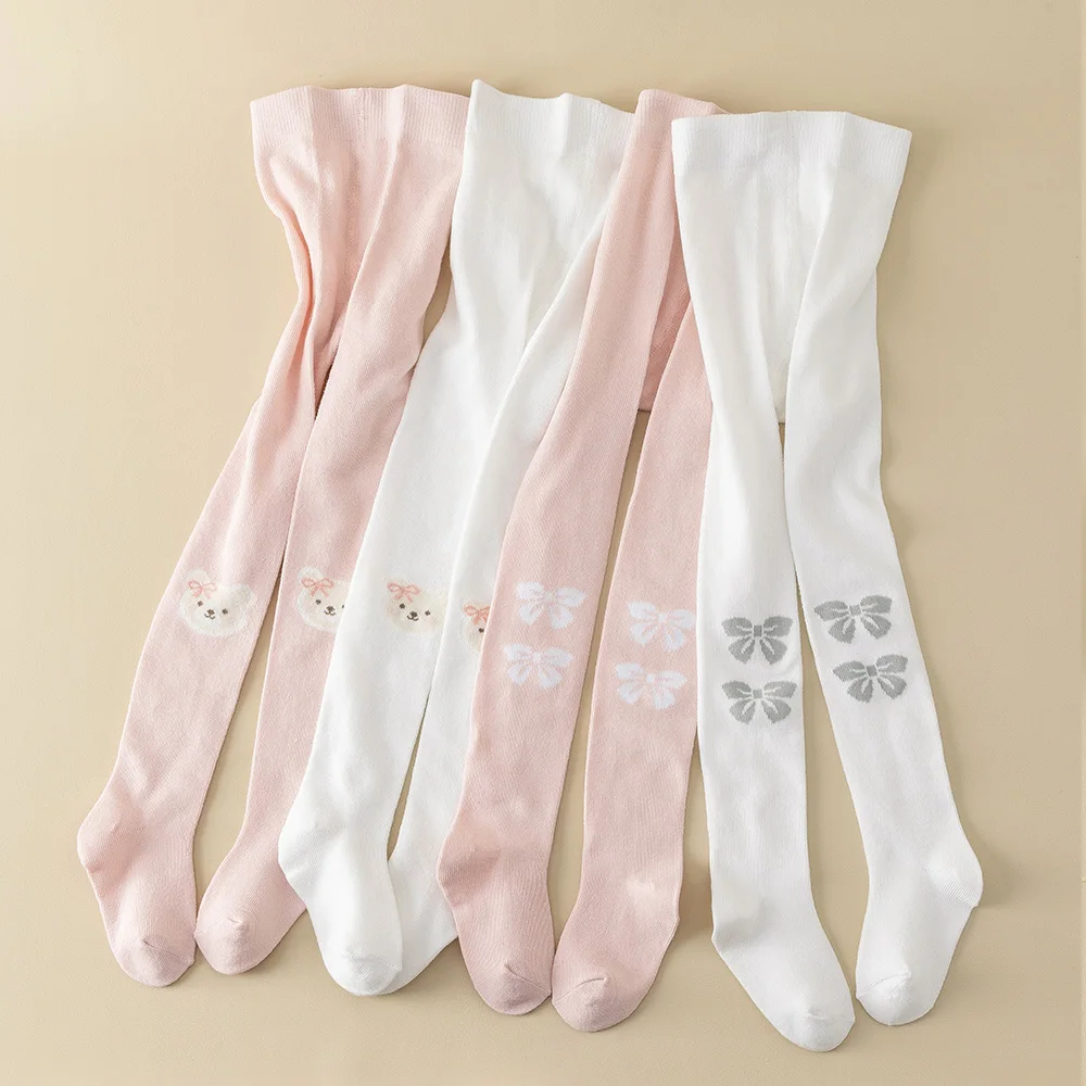 2pcs Baby Girls' Solid Color Pantyhose Leggings Cute Bear&Bow Stretchy Blend, Perfect for All Seasons, Bottoming, Daily Wear