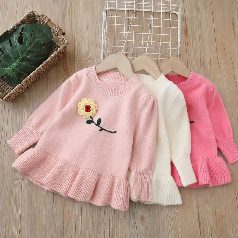 

2025 Autumn Winter Kids Sweater Dress Sweet Flower Embroidery Girls Long Sleeve Knitted Dresses Childrens Comfort Clothes