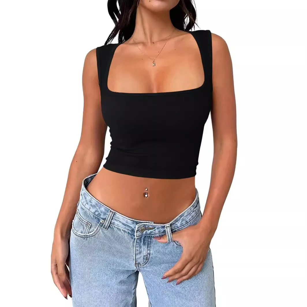 

Summer Dopane Hot Girl Svel Crop Top Square Collar Slim Fit Milk Silk Vest Outerwear Women's Faion Trend 2024