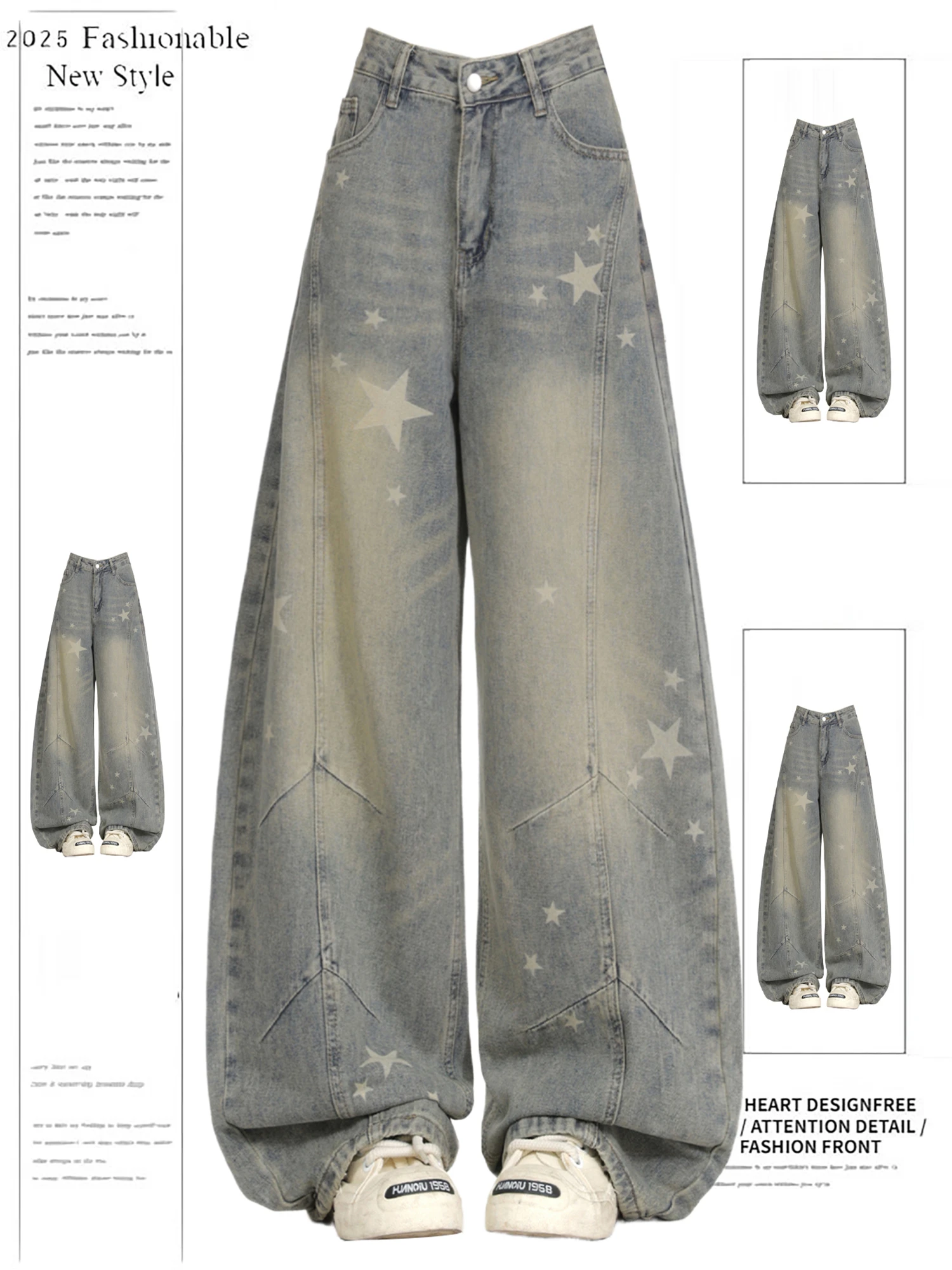 

Y2K Women's Baggy Wide Leg Jeans 2025 New Style Vintage Washed Star Print Denim Pants Fashion Streetwear Loose Casual Trousers